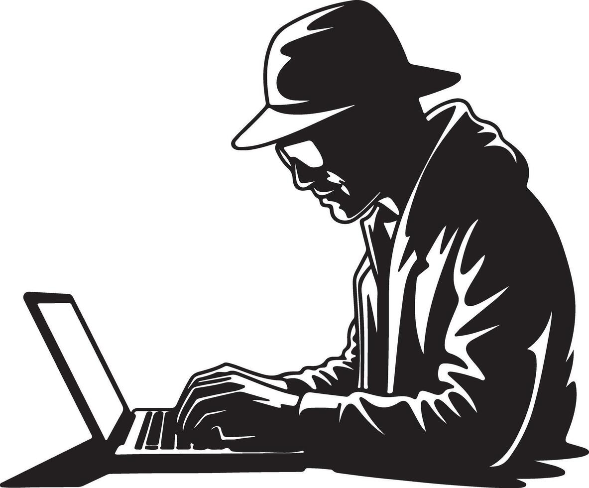 Silhouette of a person wearing a hat and glasses typing on a laptop vector