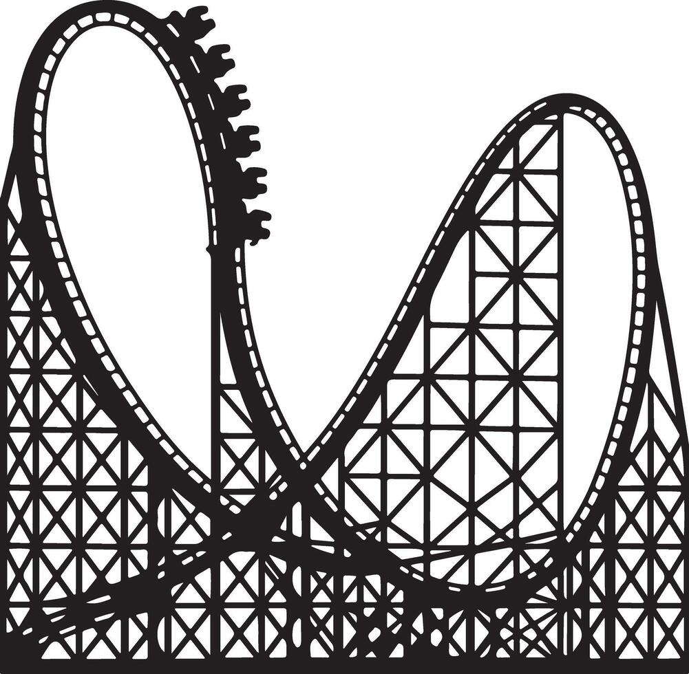 Black and White Silhouette Roller Coaster Illustration Featuring a Loop and Multiple Drops Thrilling Ride Design Graphic vector