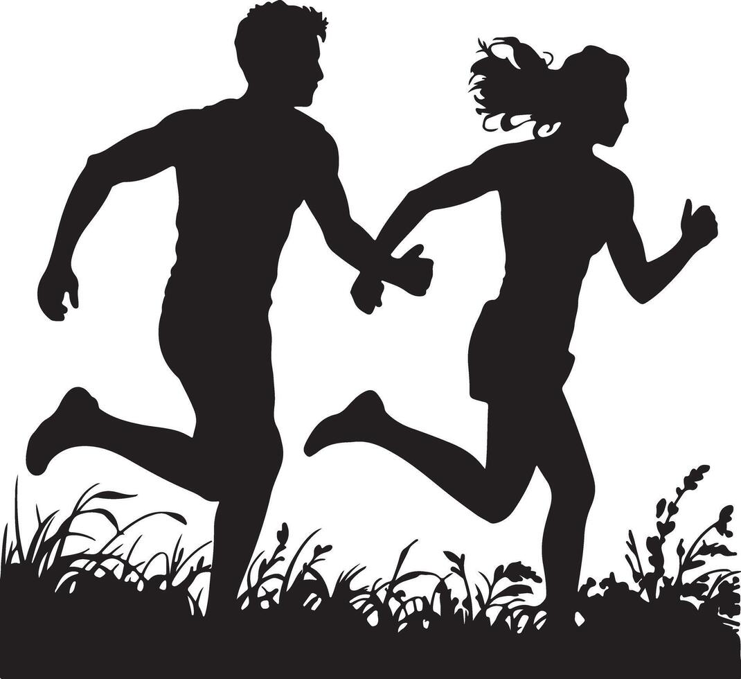 Couple running together through grass jogging fitness vector