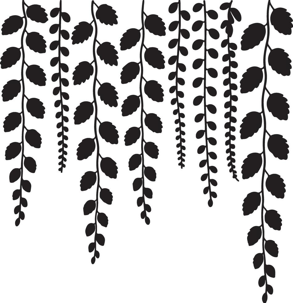 Black silhouette of hanging vines with leaves botanical vector