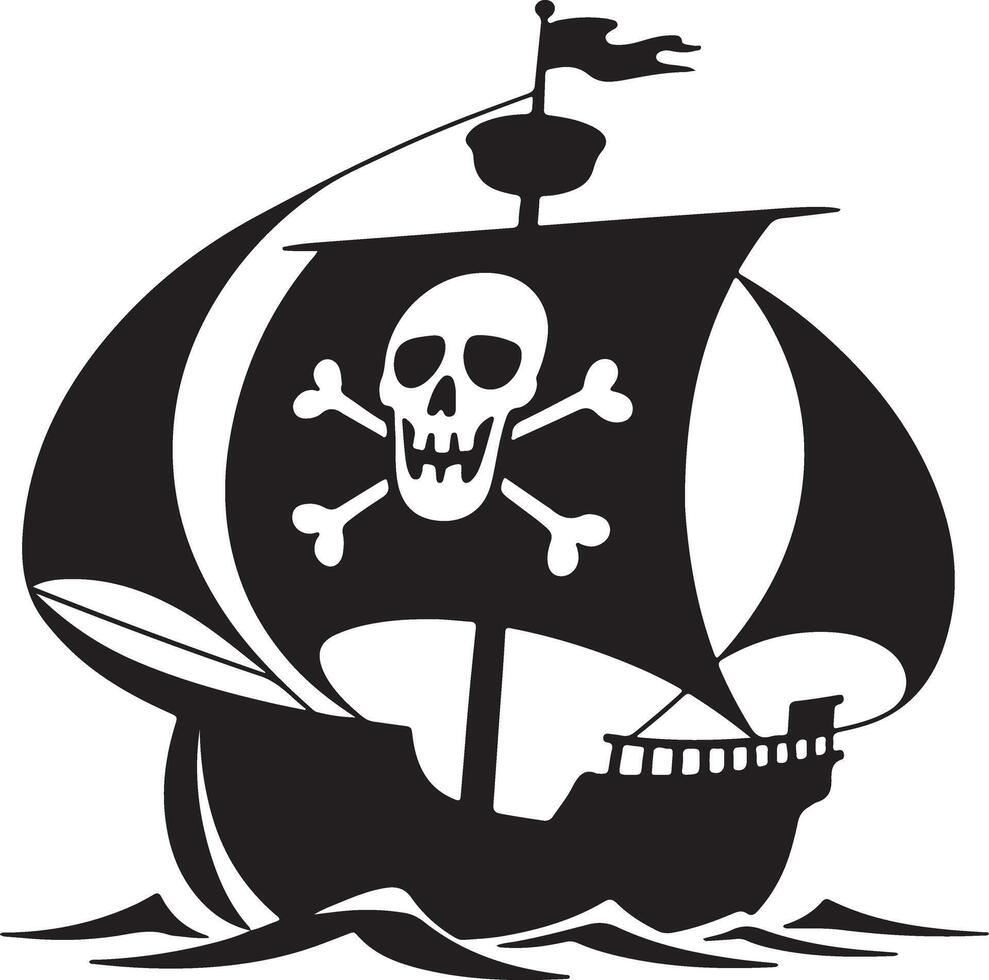 Black and White Silhouette of a Pirate Ship Sailing on the Ocean with a Jolly Roger Skull and Crossbones Flag 1 vector