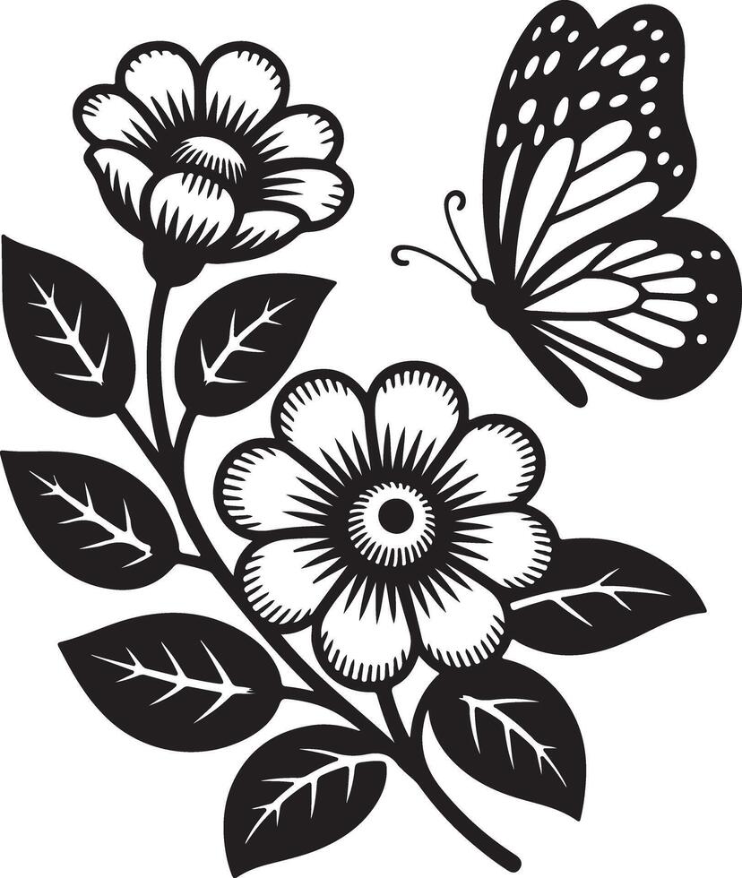 Black and White Silhouette of Flowers and Butterfly Floral Design Botanical Illustration Monochrome Nature Art Print Graphic Design Element vector