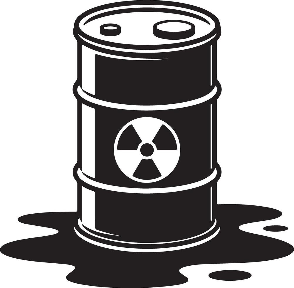 Black and White Silhouette of a Leaking Radioactive Waste Barrel Nuclear Symbol Hazard Warning Sign Industrial Safety Graphic vector