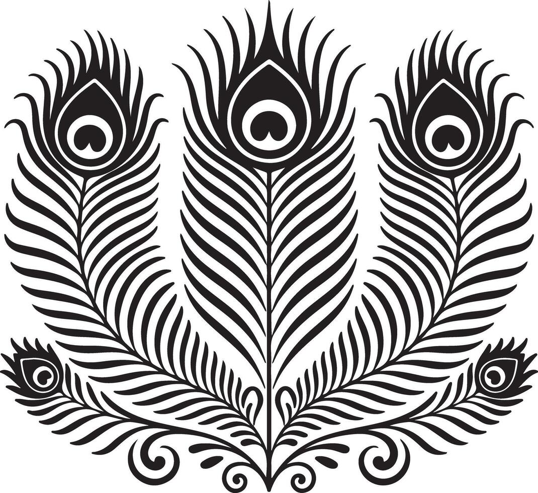 Black peacock feather silhouette with ornate swirls white vector
