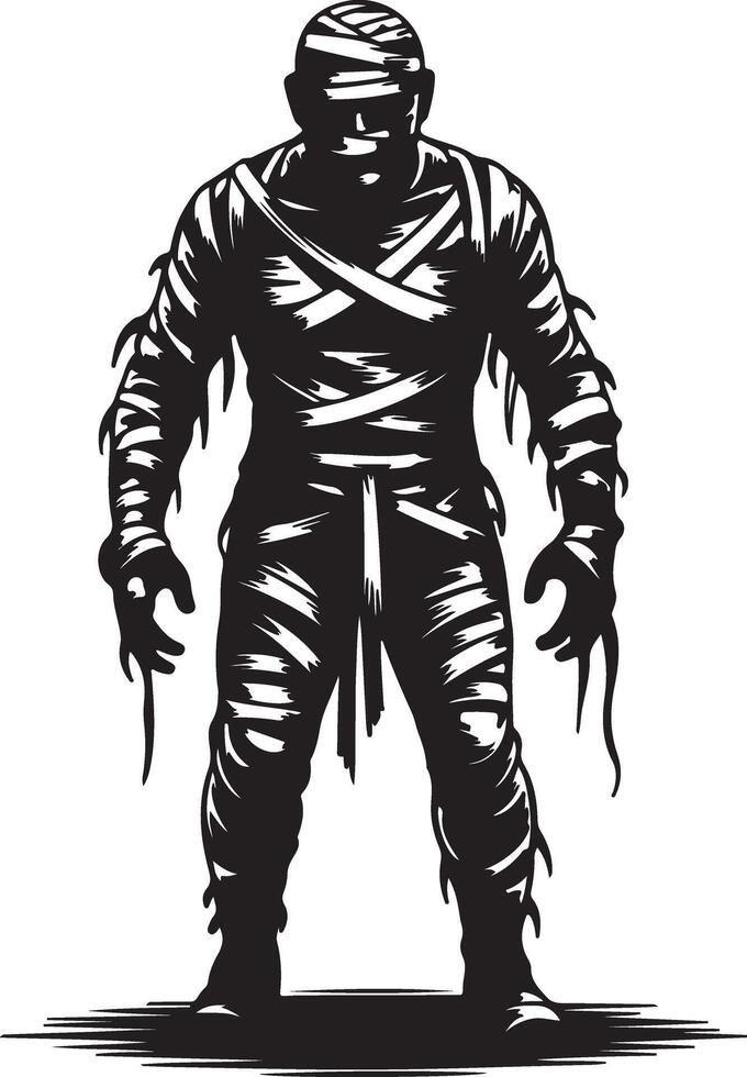 Black and White Silhouette of a Mummy Figure Standing Tall Wrapped in Bandages with a Serious Expression vector