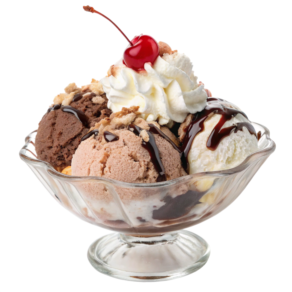 Delicious ice cream sundae with chocolate sauce whipped cream and cherry png