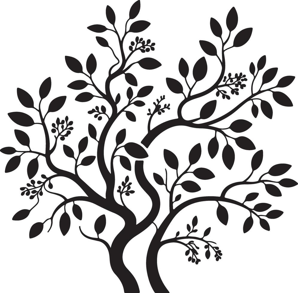 Black silhouette of a stylized tree with leaves and berries branches vector