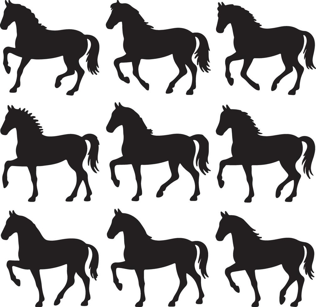 Black horse silhouettes in motion running vector