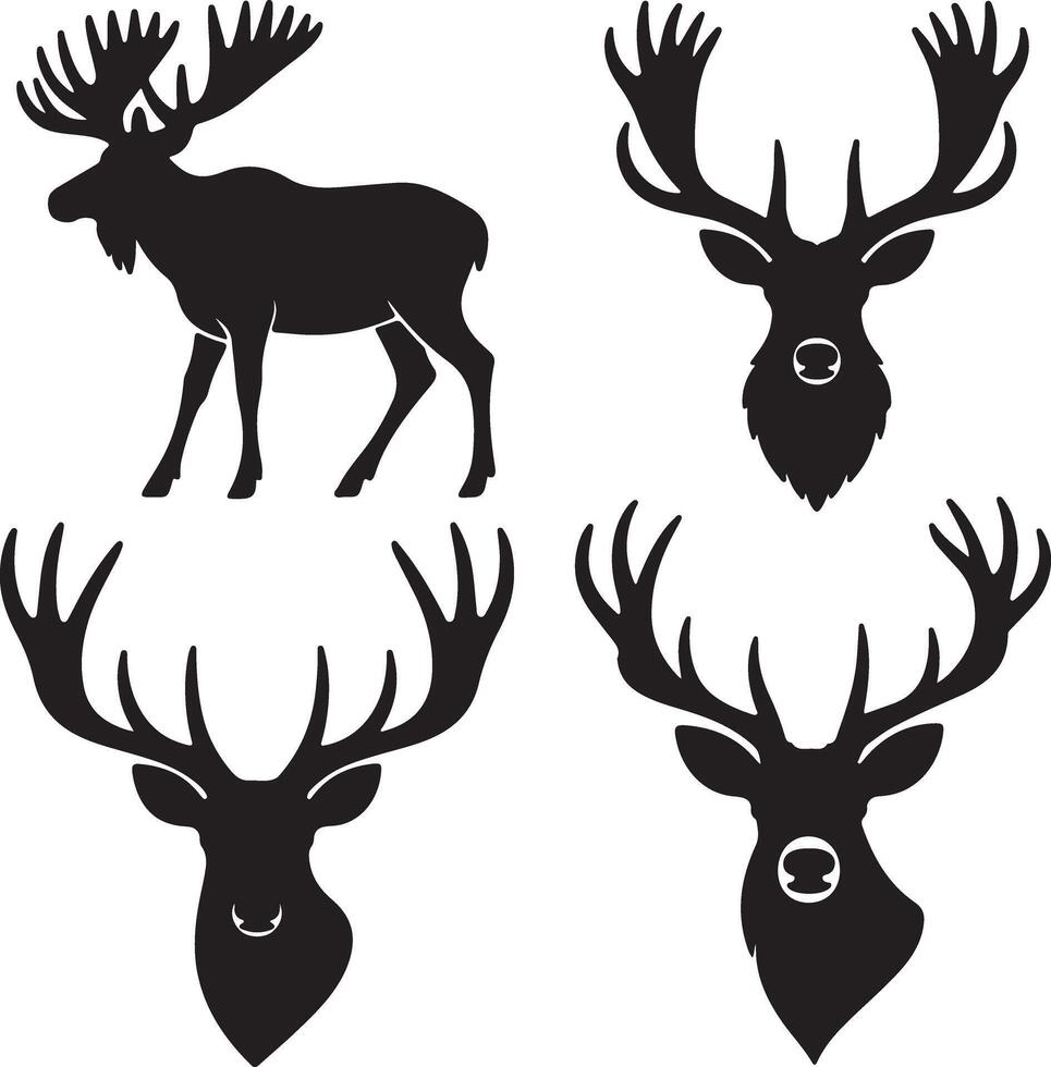 Moose and deer head silhouettes with large antlers vector