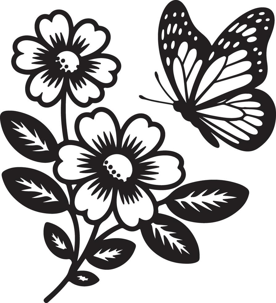 Black and White Silhouette Illustration of Flowers and Butterfly Floral Design Botanical Artwork Nature Theme Simple Elegant Graphic Design Element vector