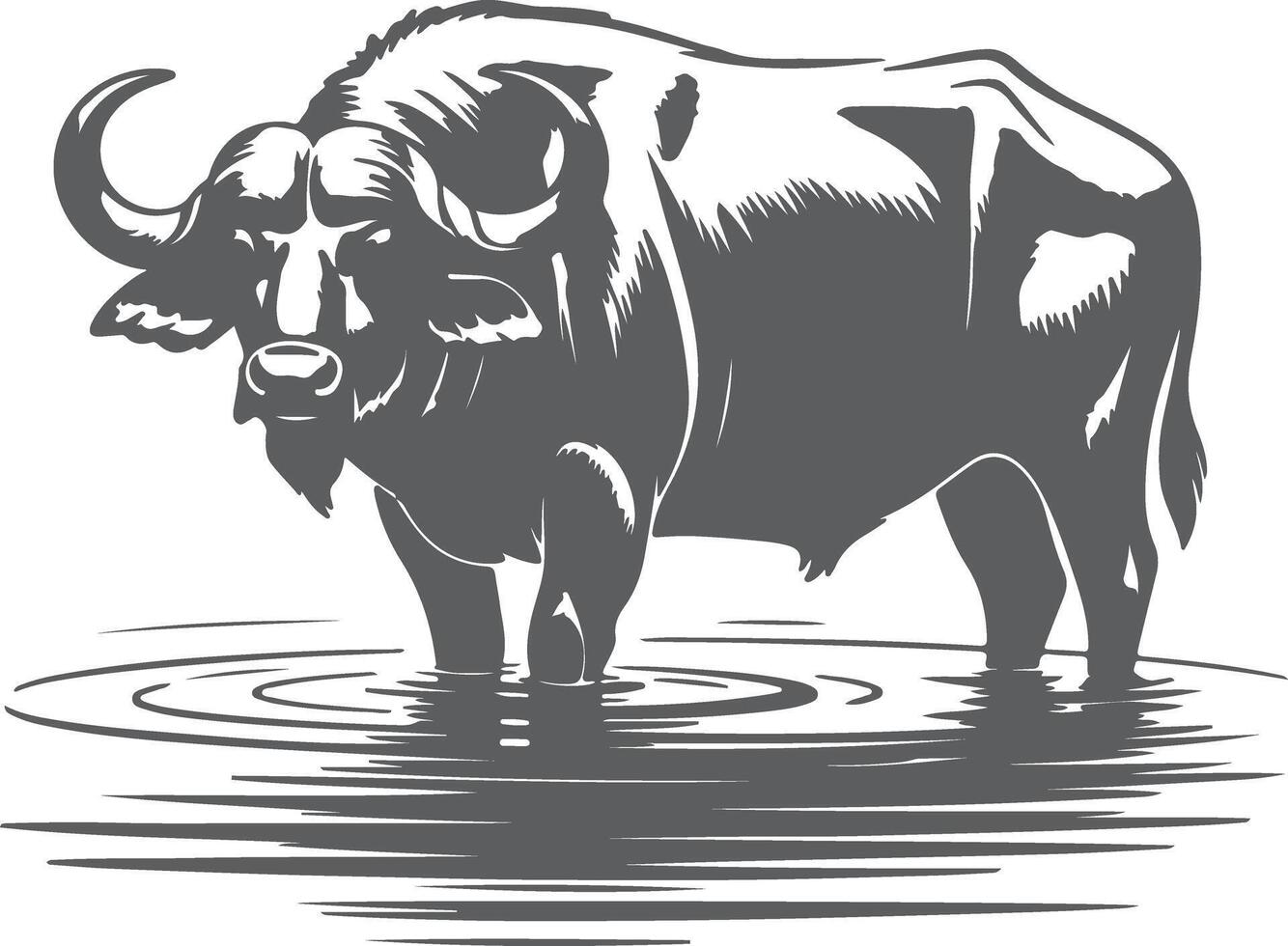 Grey Silhouette of a Cape Buffalo Standing in Water Ripples Grey Scale Animal Illustration Wildlife Graphic Design vector