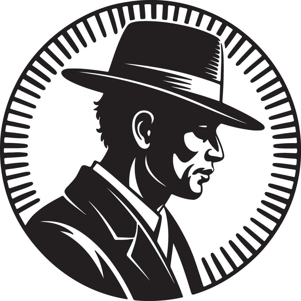 Black and white silhouette of a man wearing a fedora suit vector
