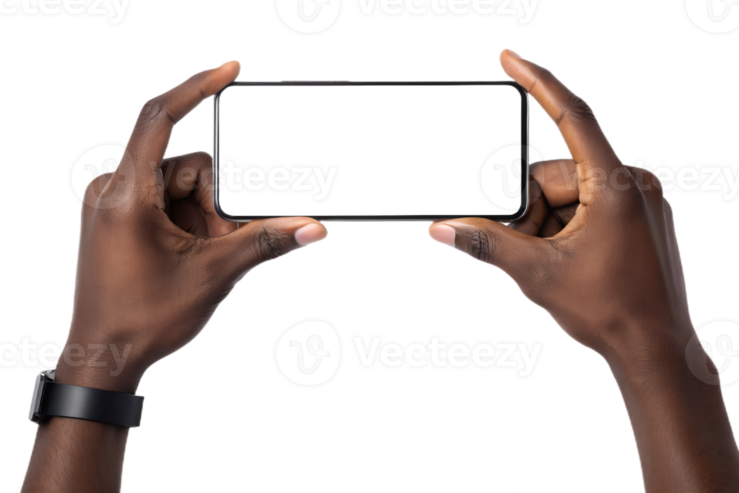 Hands holding up a smartphone with a blank screen png