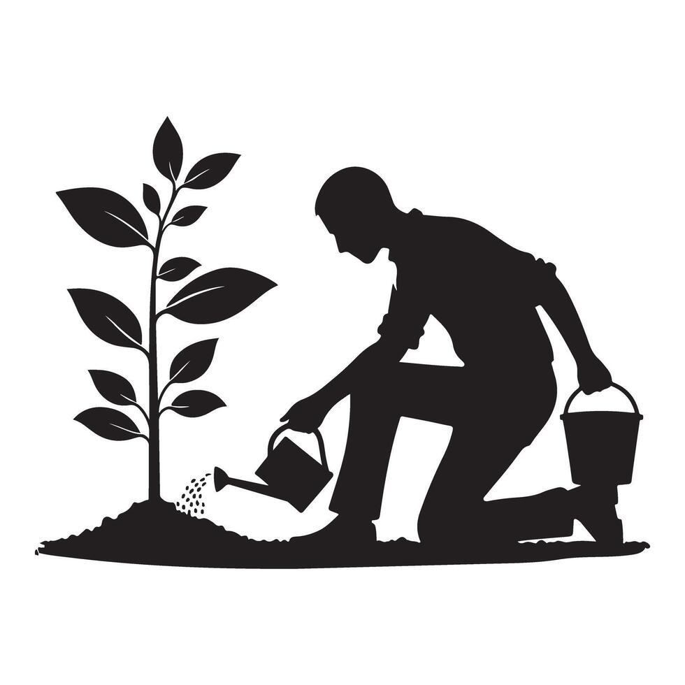 Silhouette man watering a newly planted tree in garden illustration vector