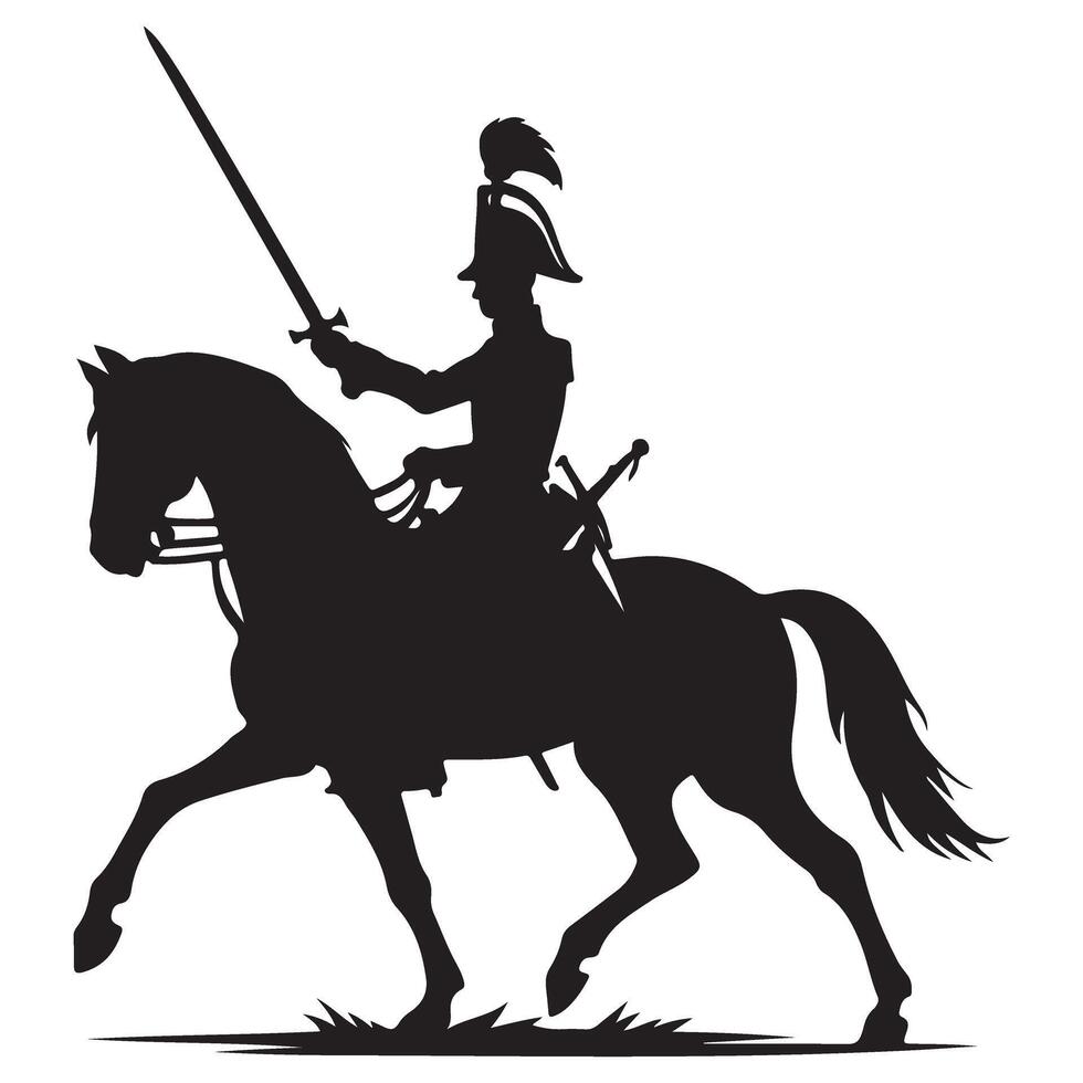 Galloping Horse Silhouette Illustration with Cavalier Sword Rider Design vector
