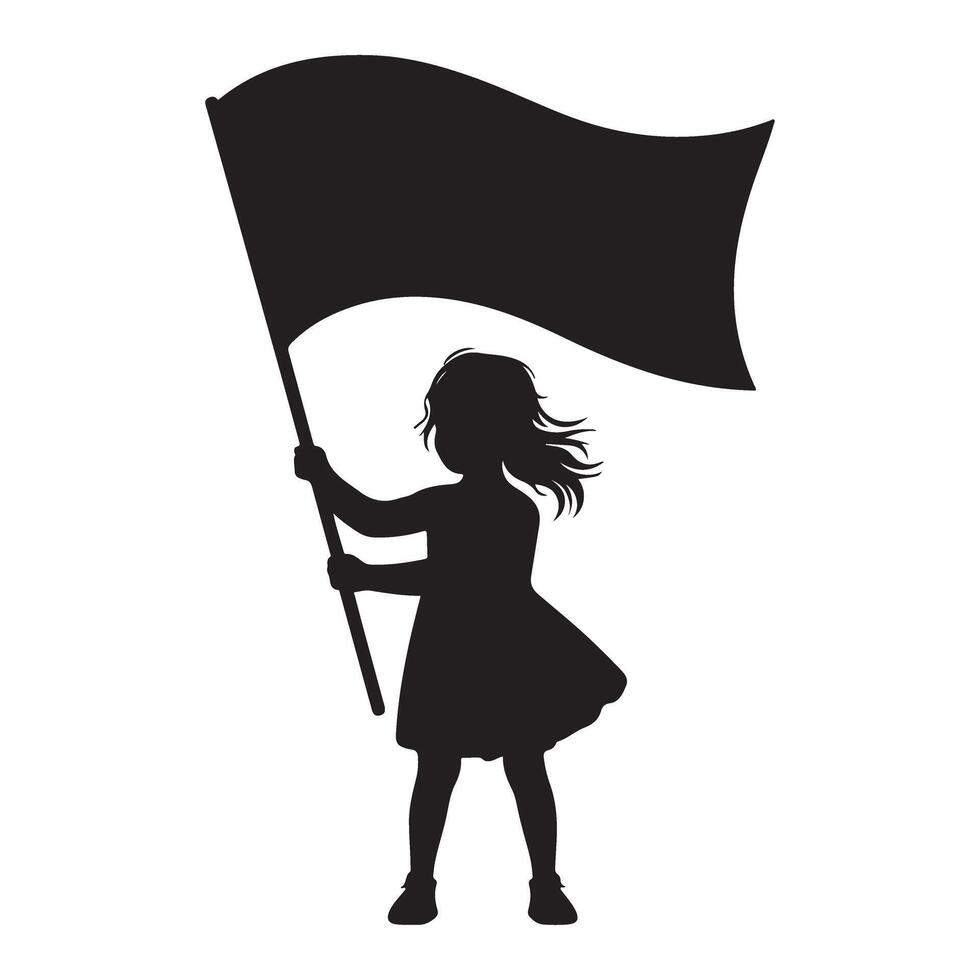 Silhouette of a Girl Raising a Blank Flag High in the Air vector