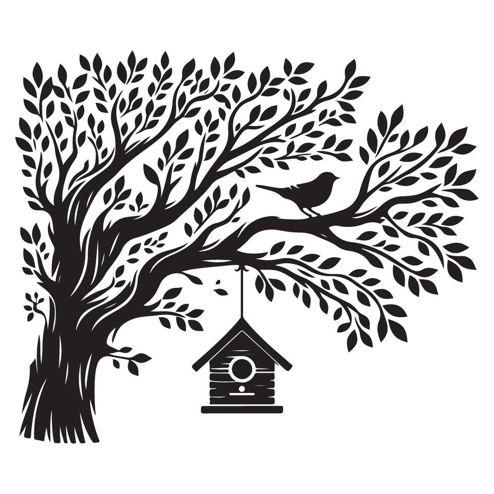 Silhouette of birdhouse hanging from a large tree illustration vector