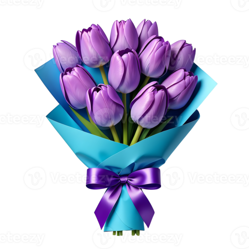 A bouquet of purple tulips with a blue ribbon png
