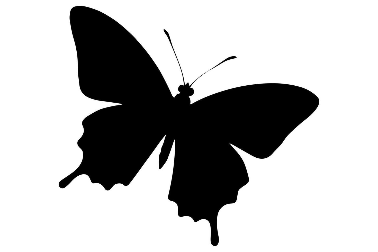 Flying butterfly silhouette in minimalist black shape with spread wings for nature and spring design vector
