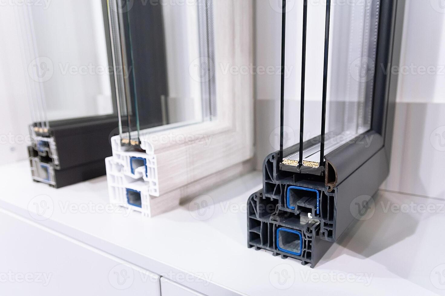 Samples of the profile of modern PVC windows on the showcase photo