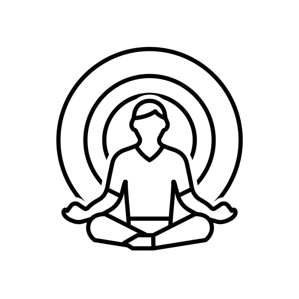 Mindfulness icon. meditation timer. person sitting lotus with clock behind. mental health, calmness, concentration. Outline design style vector