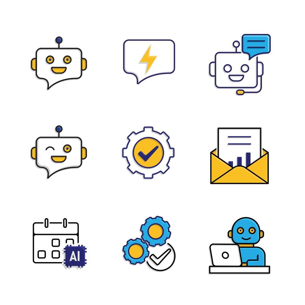 ai icon set. AI Personal Assistant. Virtual coworker, Chatbot, AI scheduler, etc. intelligence, assistant, internet. Mixed design style vector