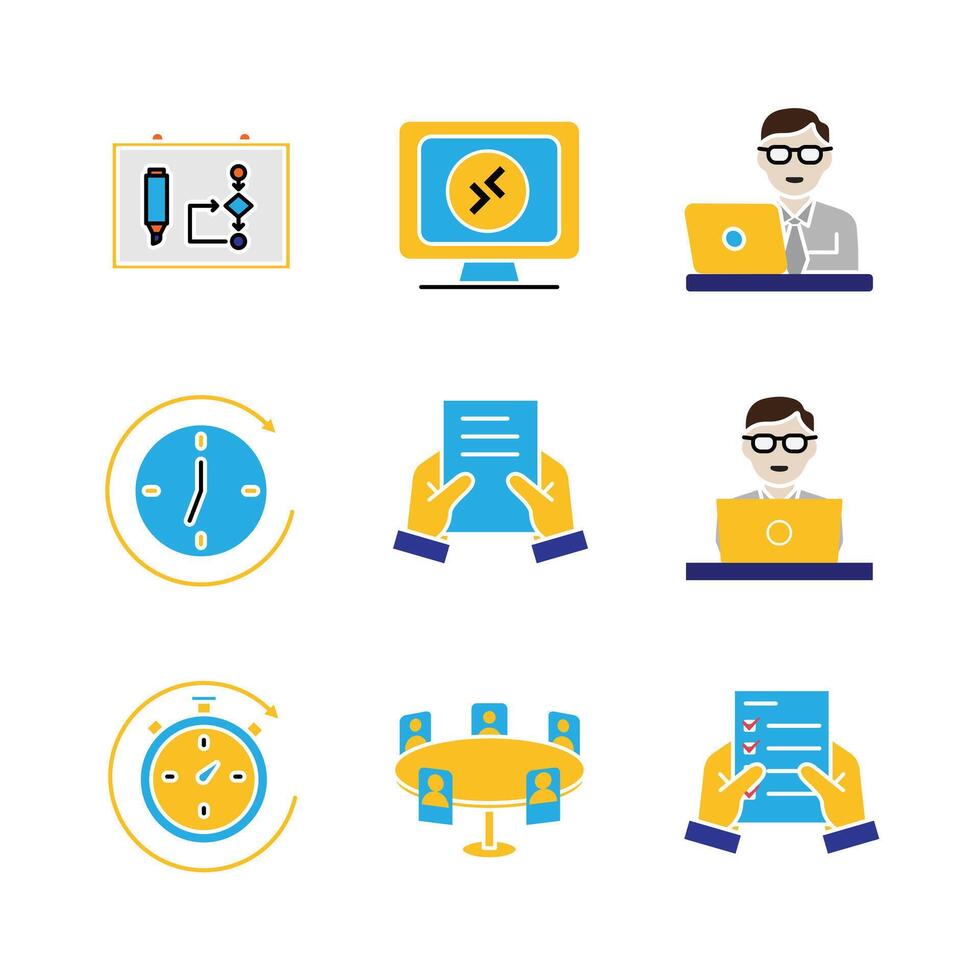 Work icon. Shared docs, Online work, conference, Time tracker, etc. meeting, teamwork, remote. Flat design style vector