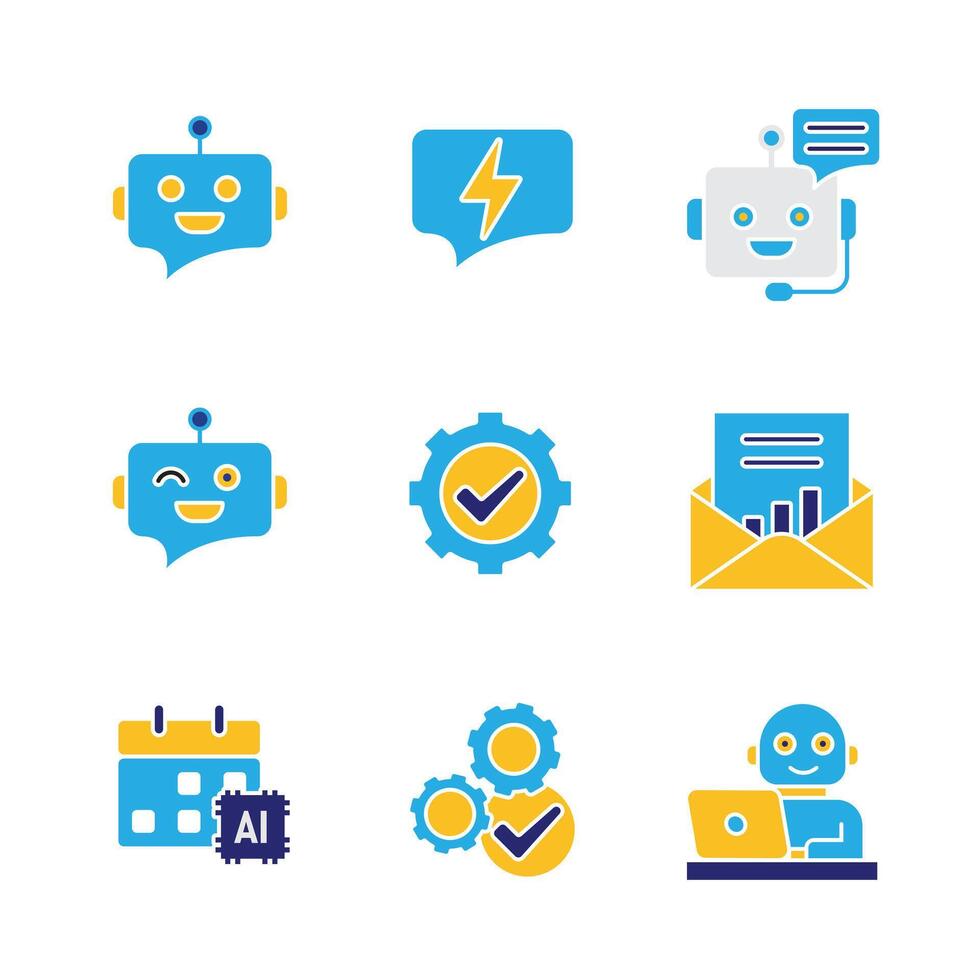 ai icon set. AI Personal Assistant. Virtual coworker, Chatbot, AI scheduler, etc. intelligence, assistant, internet. Flat design style vector