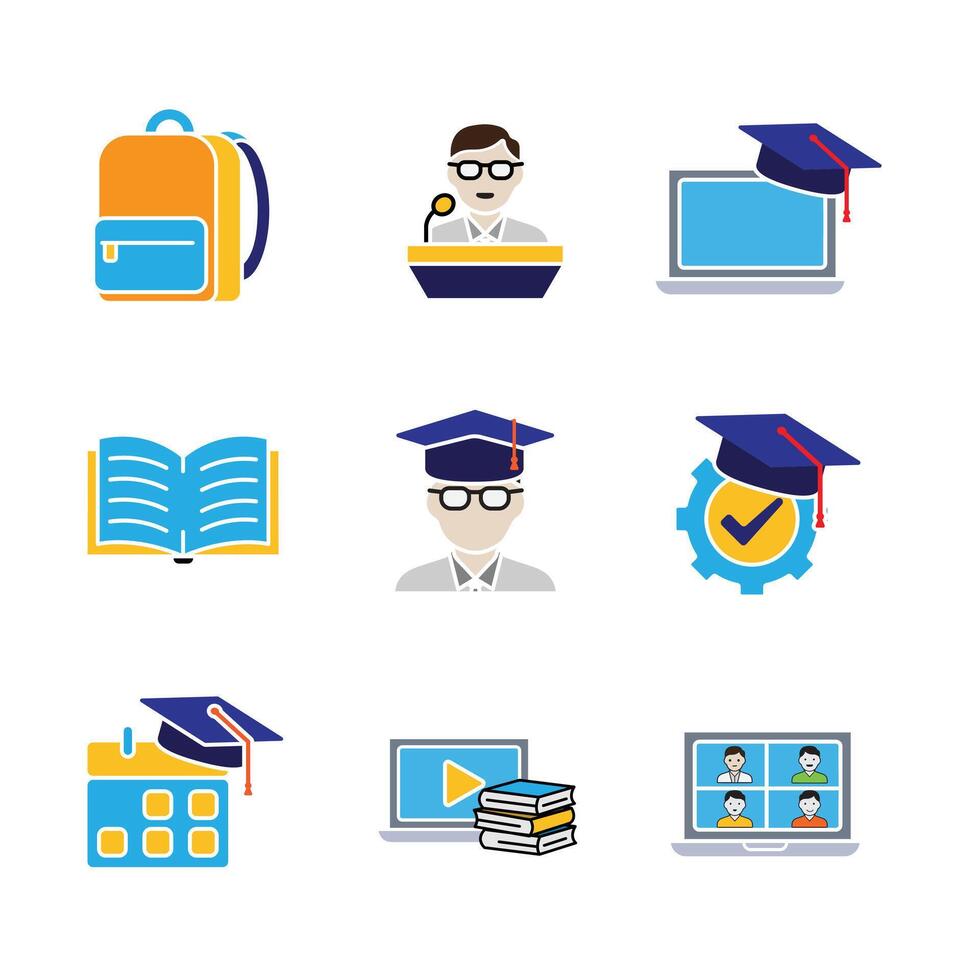 education icon set. online learning, graduation, book, public speaking, etc. smart, student, studying. flat design style vector