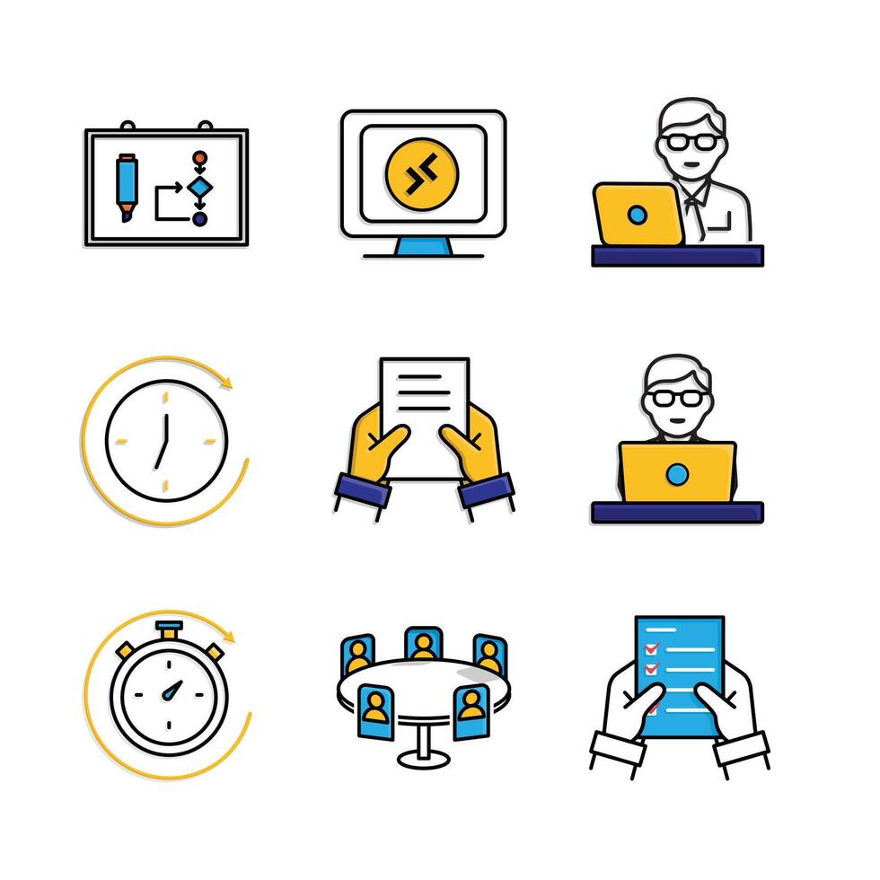 Work icon. Shared docs, Online work, conference, Time tracker, etc. meeting, teamwork, remote. Mixed design style vector