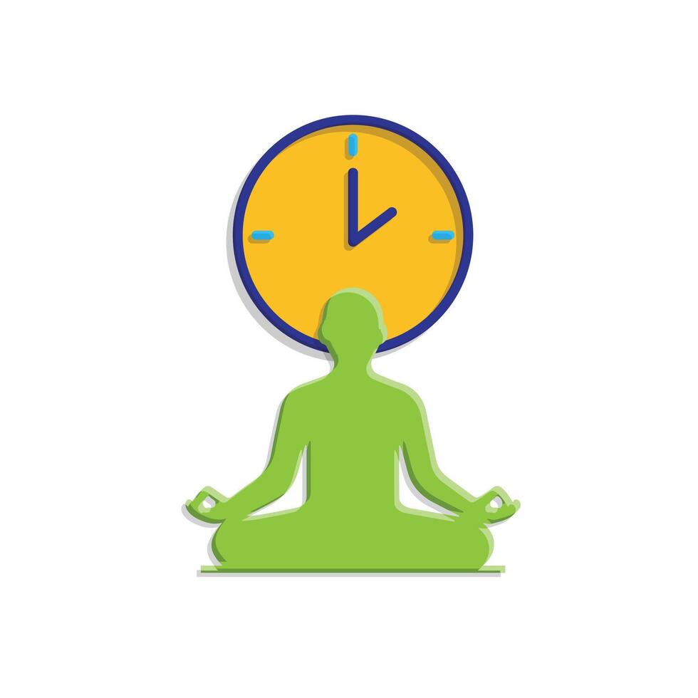 Mindfulness icon. meditation timer. person sitting lotus with clock behind. mental health, calmness, exercise. isometric design style vector
