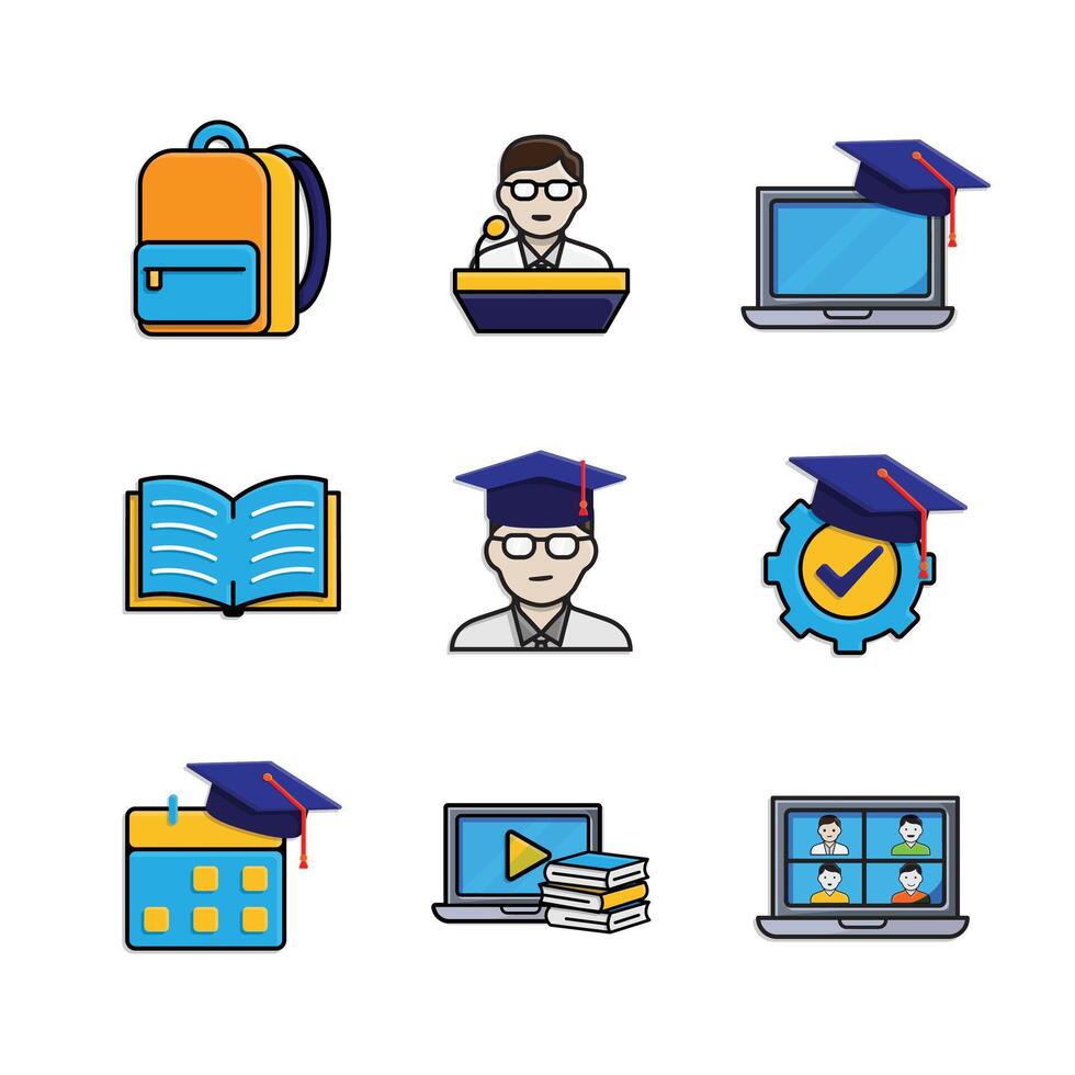 education icon set. online learning, graduation, book, public speaking, etc. smart, student, studying. isometric design style vector