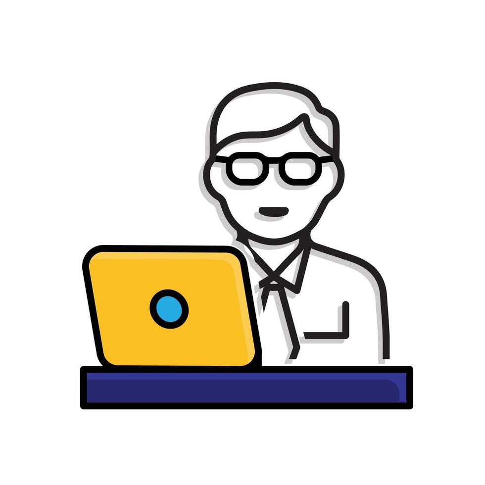 Work icon. Online work. Man wearing tie and glasses working in front of laptop. meeting, teamwork, remote. Mixed design style vector