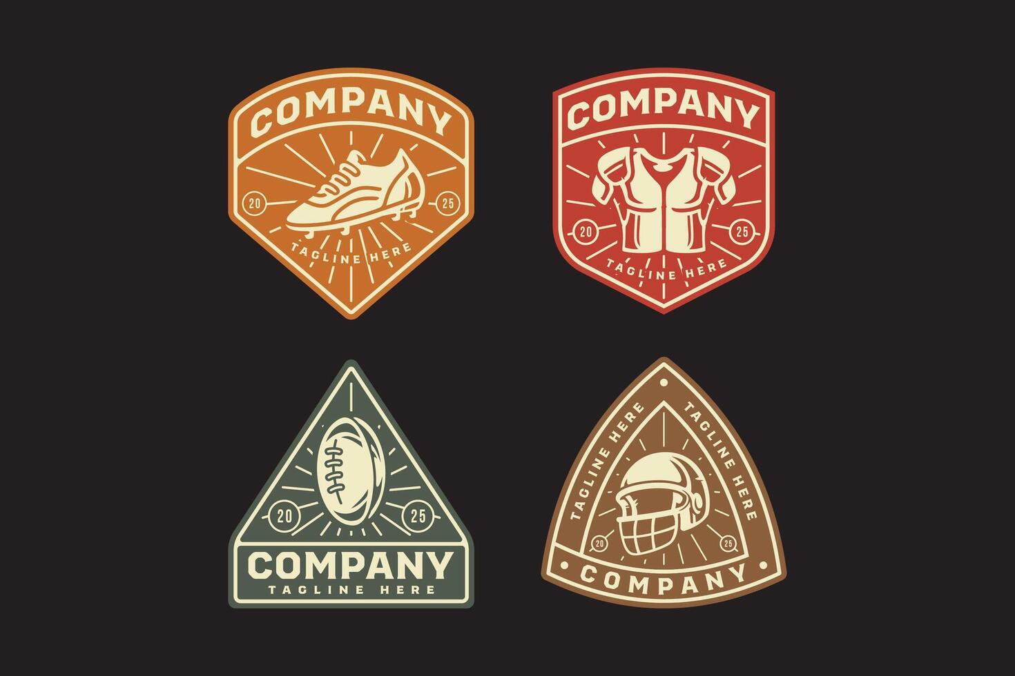 low cut shoes, standard shoulder pads, rugby ball, face guard helmet retro badge logo design collection set for rugby or american football sport, club, league and merchandise vector