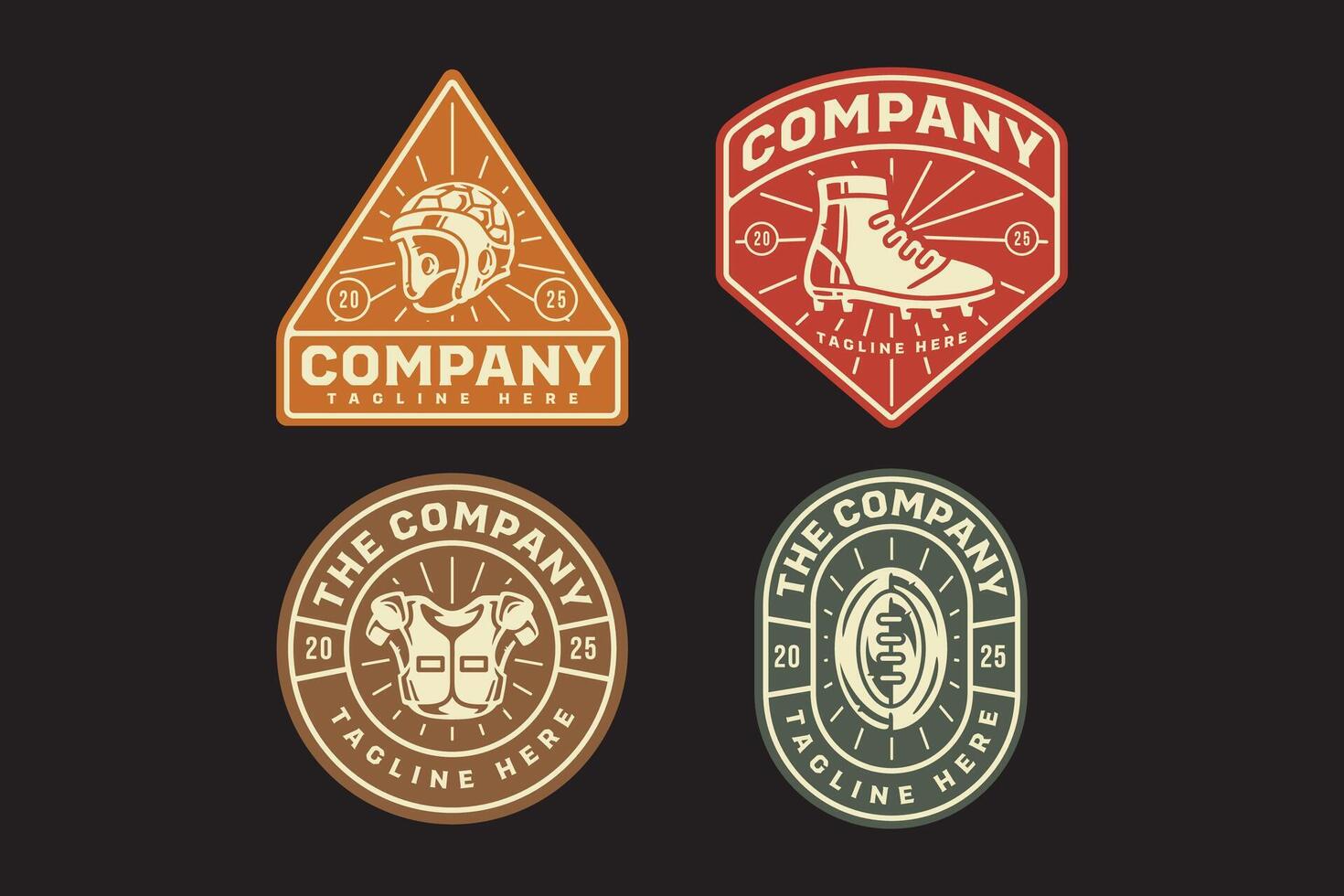 padded cap helmet, high cut shoes, lineman shoulder pads, rugby ball retro badge logo design collection set for rugby or american football sport, club, league and merchandise vector