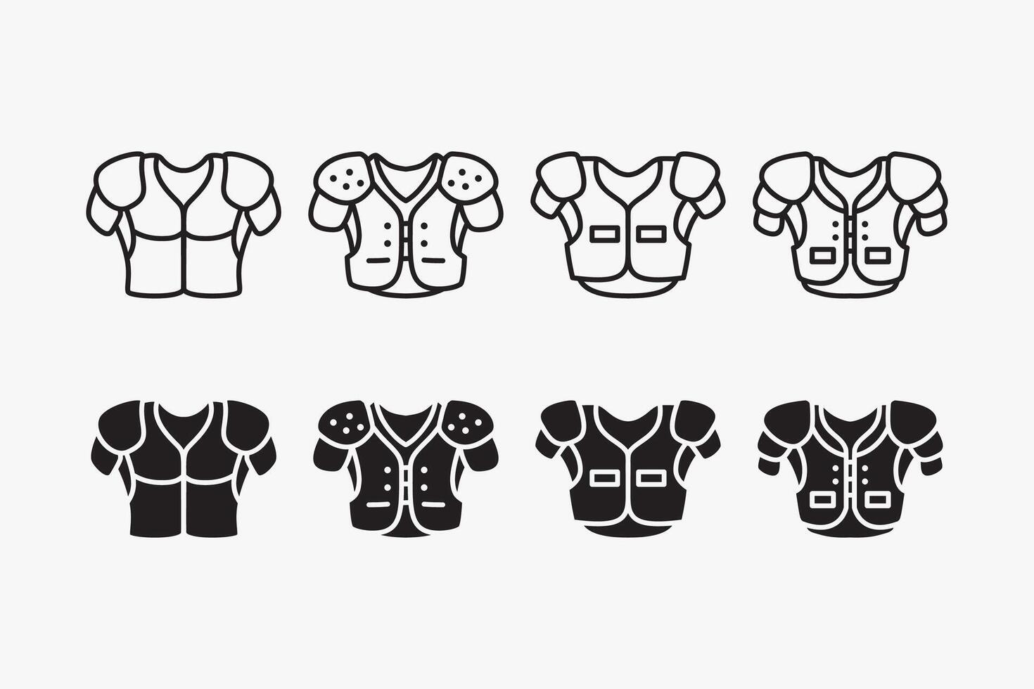 rugby shoulder pad icon set in outline and filled style. american football shoulder pad illustrations. protective gear accessory element designs with standard, padded, lineman, flexible shoulder guard vector