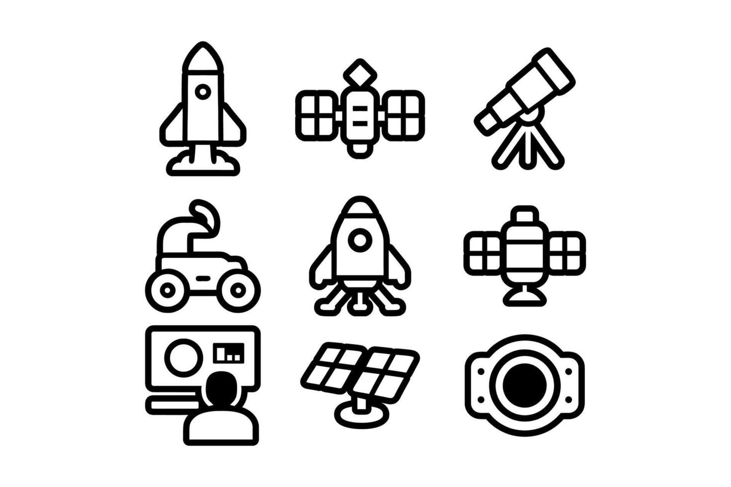 Space exploration icon set. Galaxy equipment symbol collection. Astronomy gear illustration pack. Rocket , Satellite, Space station, Rover, Lunar lander, Telescope, Control, Solar panel, Docking port vector