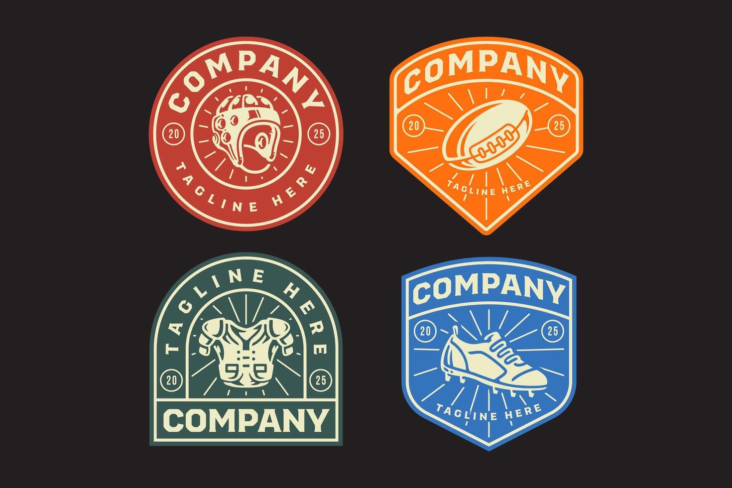 scrum cap helmet, rugby ball, flexible shoulder pads, mid cut shoes retro badge logo design collection set for rugby or american football sport, club, league and merchandise vector