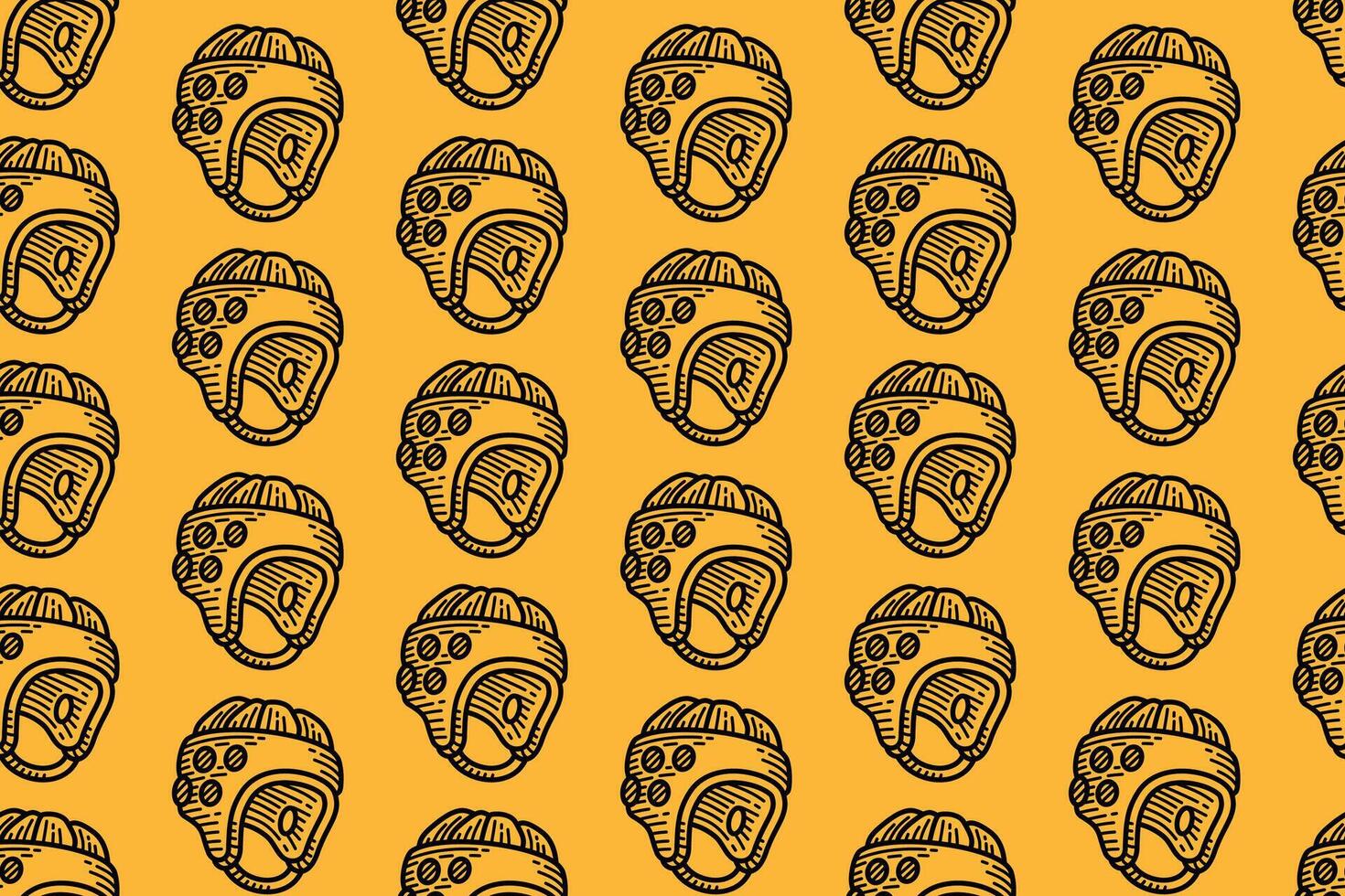 rugby helmet seamless pattern on yellow background. hand-drawn sports head safety background. vintage protective headgear sketch motif. great for apparel, sport branding, and print merchandise. vector