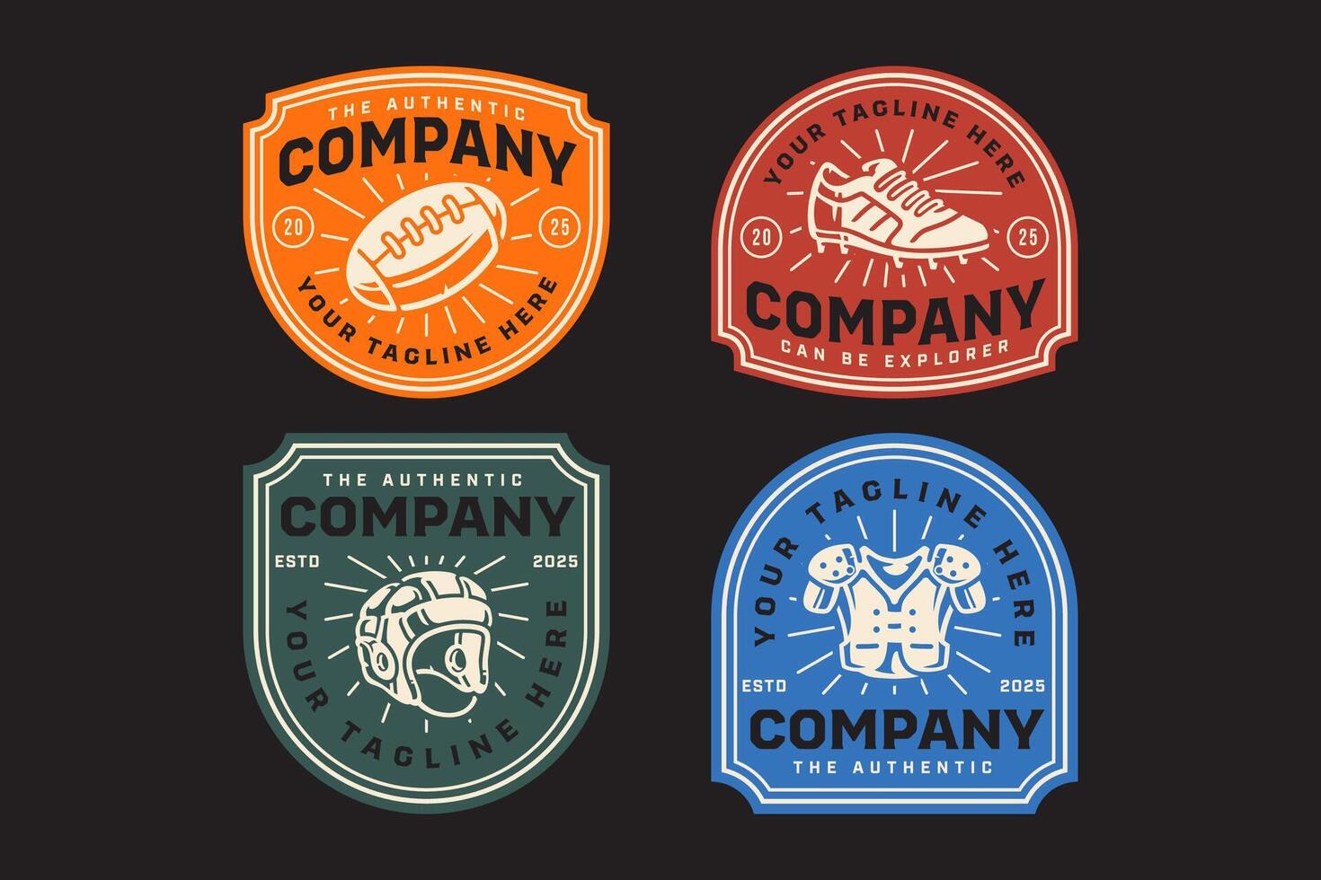 rugby ball, power cleat shoes, classic head guard, padded shoulder pads retro badge logo design collection set for rugby or american football sport, club, league and merchandise vector