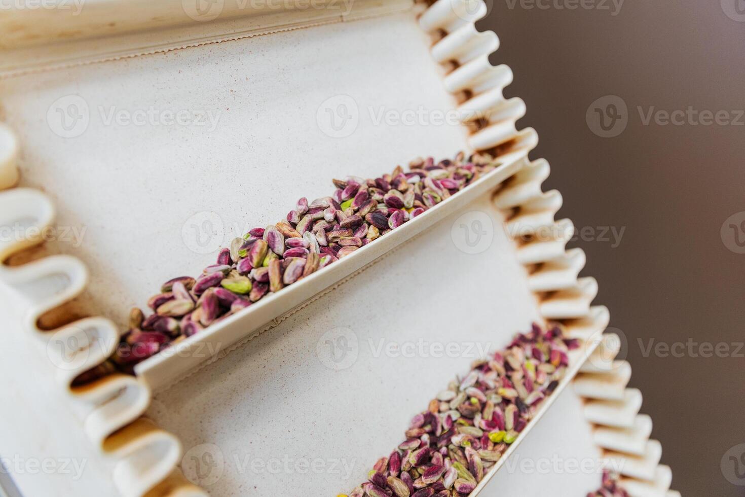 Horizontal view of dry pistachios on a tray ready for packing in food facility photo