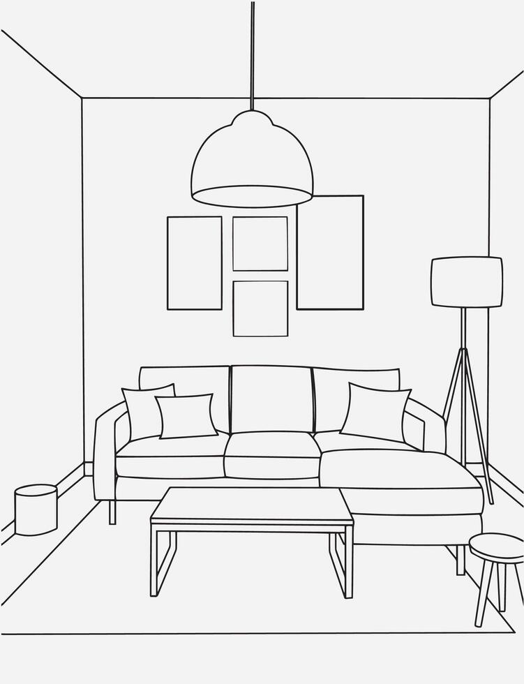 Minimalist modern interior line art, elegant living room, cozy reading corner illustration. Interior design with modern room in black sketch line on white background. vector