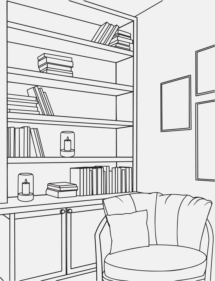 Minimalist modern interior line art, elegant living room, cozy reading corner illustration. Interior design with modern room in black sketch line on white background. Line drawing of Living room. vector
