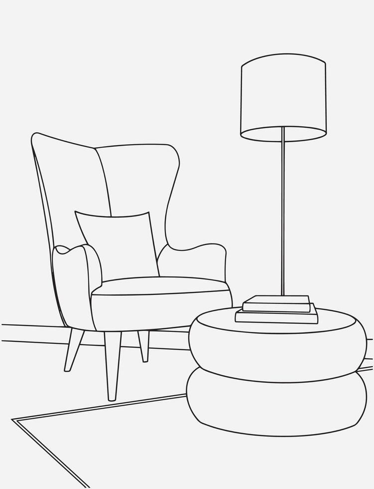 Minimalist modern interior line art, elegant living room, cozy reading corner illustration. Interior design with modern room in black sketch line on white background. Line drawing of Living vector