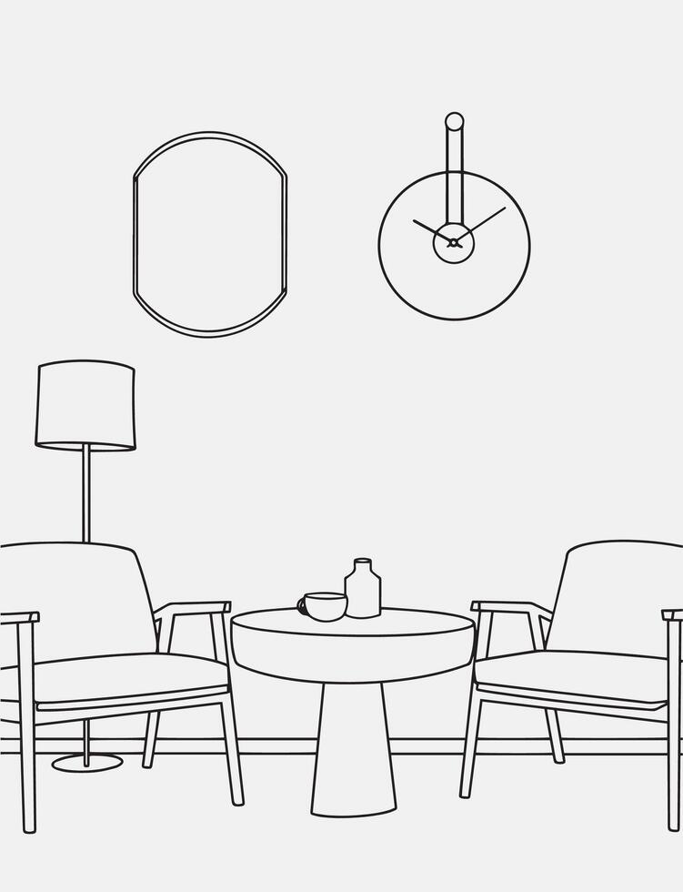 Minimalist modern interior line art, elegant living room, cozy reading corner illustration. Interior design with modern room in black sketch line on white background. Line drawing of room. vector