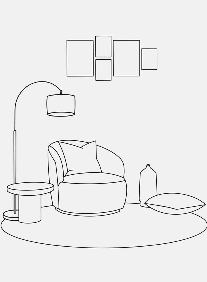 Minimalist modern interior line art, elegant living room, cozy reading corner illustration. Interior design with modern room in black sketch line on white background. Line drawing vector