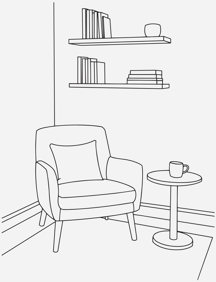 Minimalist modern interior line art, elegant living room, cozy reading corner illustration. Interior design with modern room in black sketch line on white background. art vector