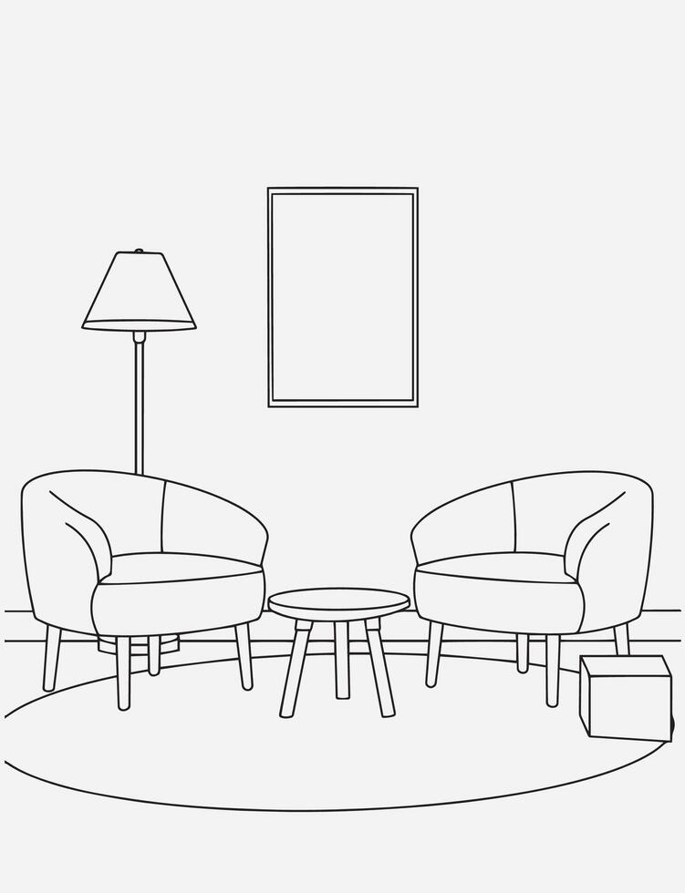 Minimalist modern interior line art, elegant living room, cozy reading corner illustration. Interior design modern room in black sketch line on white background. Line drawing vector