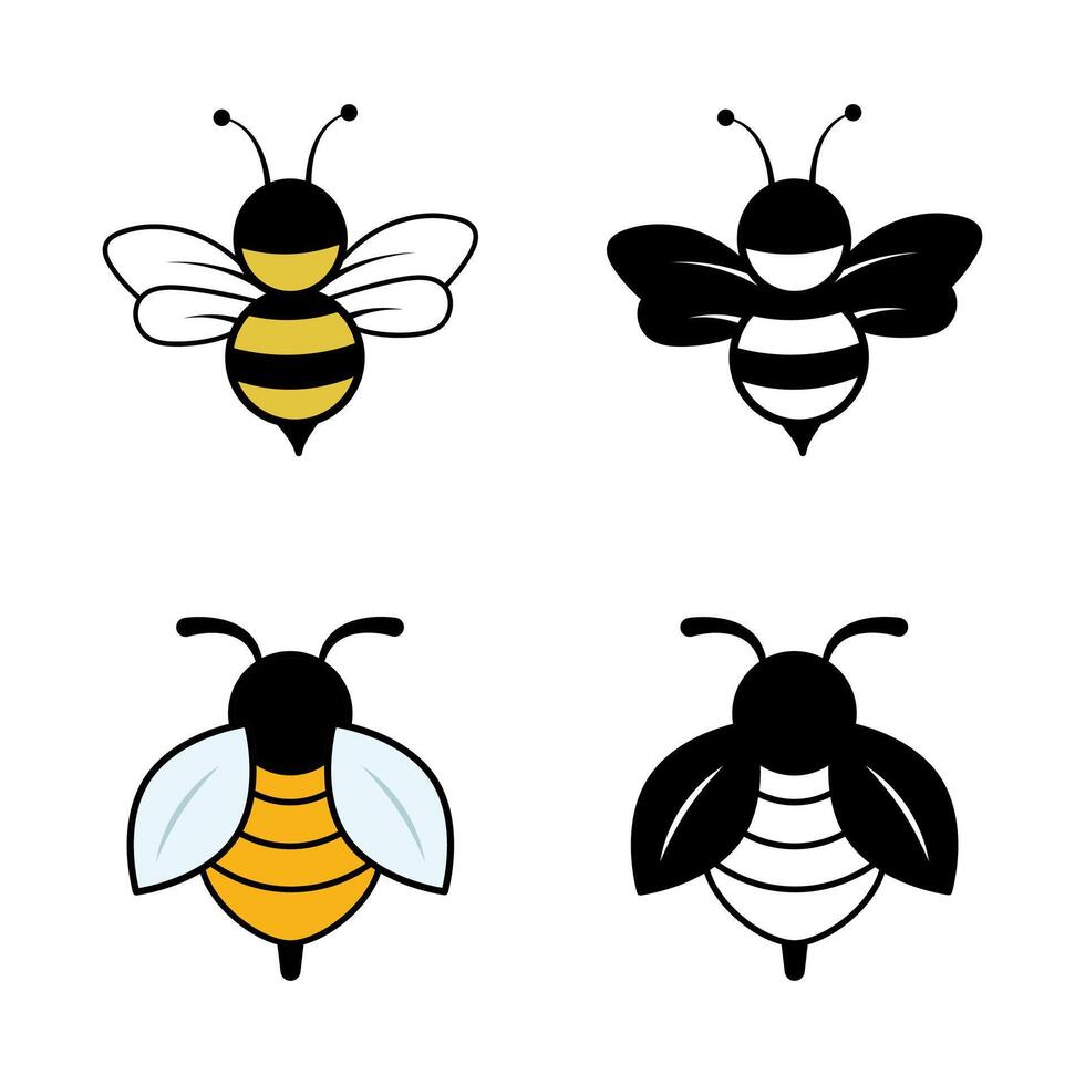 Bee Icons Collection Color and Silhouette Set Illustration. The image includes two fully colored bees and two matching black silhouette versions. vector