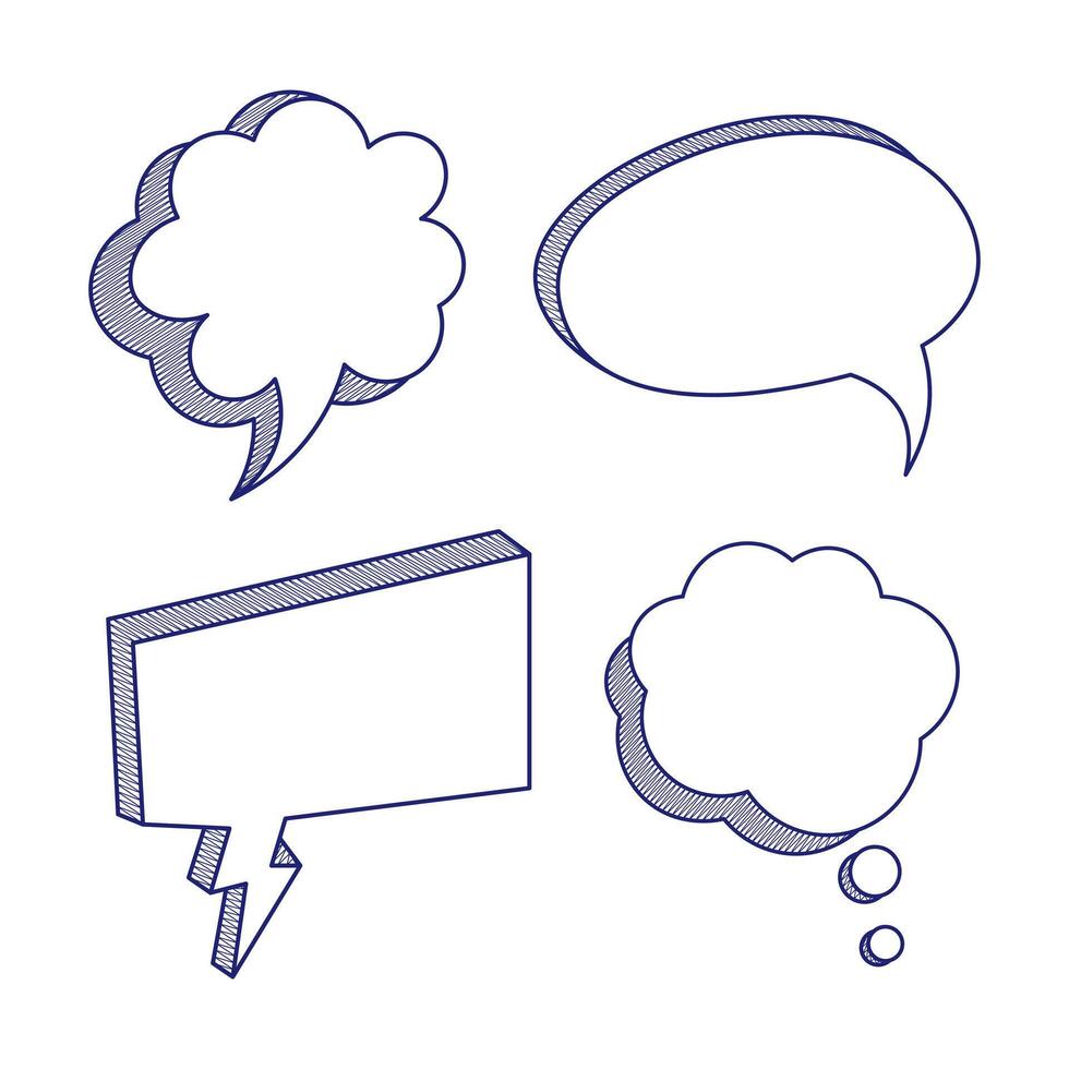 Hand Drawn Speech and Thought Bubbles Set Illustration. This illustration features a collection of four hand drawn speech and thought bubbles in a sketchy doodle style. vector
